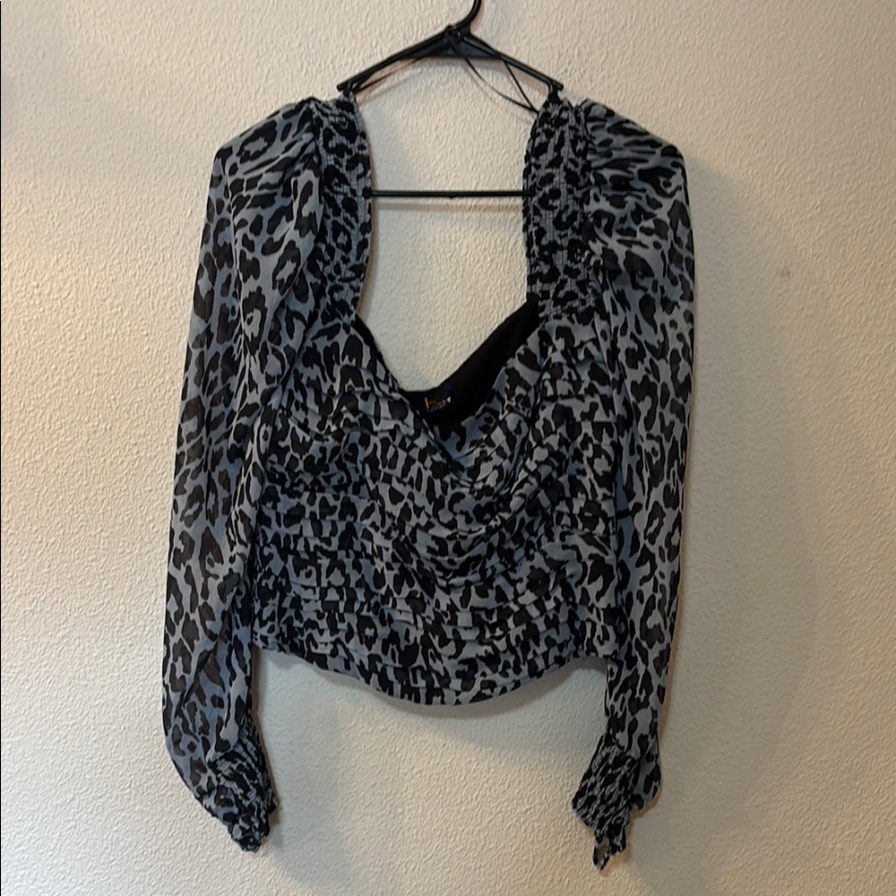 Zara Black and Gray Animal Print Wide Neck Blouse Top